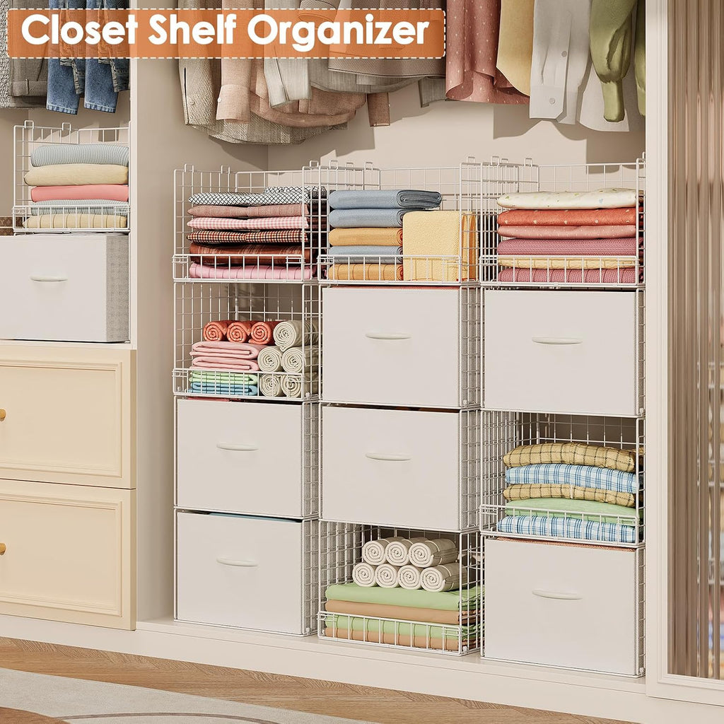 Organizadores de Closet apilables de 4 niveles con 2 cajones, Estante plegable para armario y estantes de almacenamiento, Cajones apilables para sistema organizador de closet, blanco(Patente en trámite)