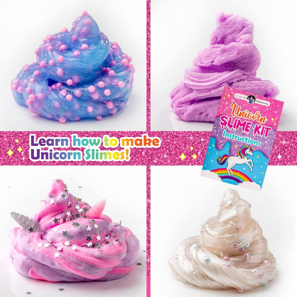 Original Stationery Kit de slime de unicornio que brilla en la oscuridad para niñas de 7 a 12 años, juego de fabricación de slime con más de 25 mezclas y activador, divertida actividad de manualidades creativa, regalo de cumpleaños para niños