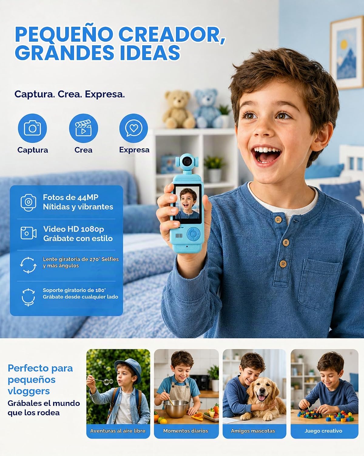 Cámara de mano para niños, cámara digital HD de 44MP 1080P para niños