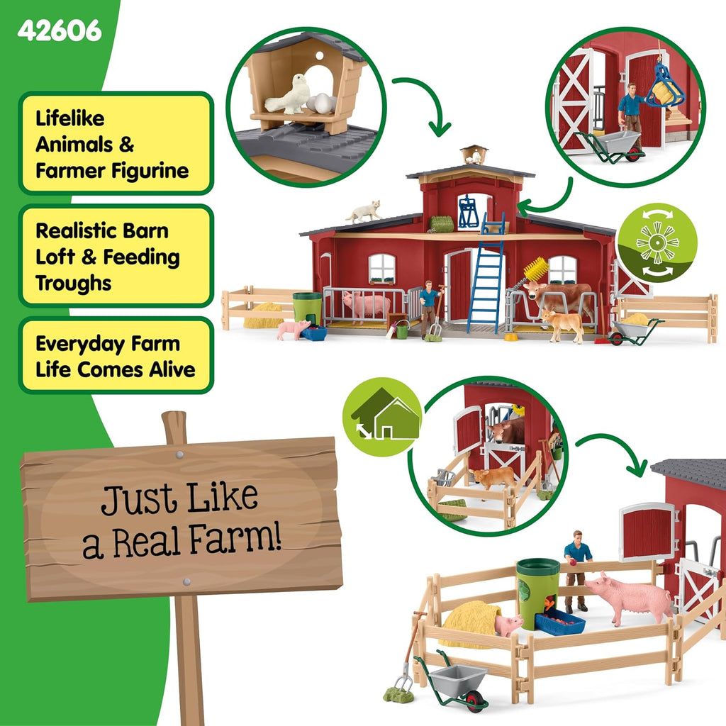 Schleich Farm World 42606 - Granero rojo con animales y más, 64 piezas