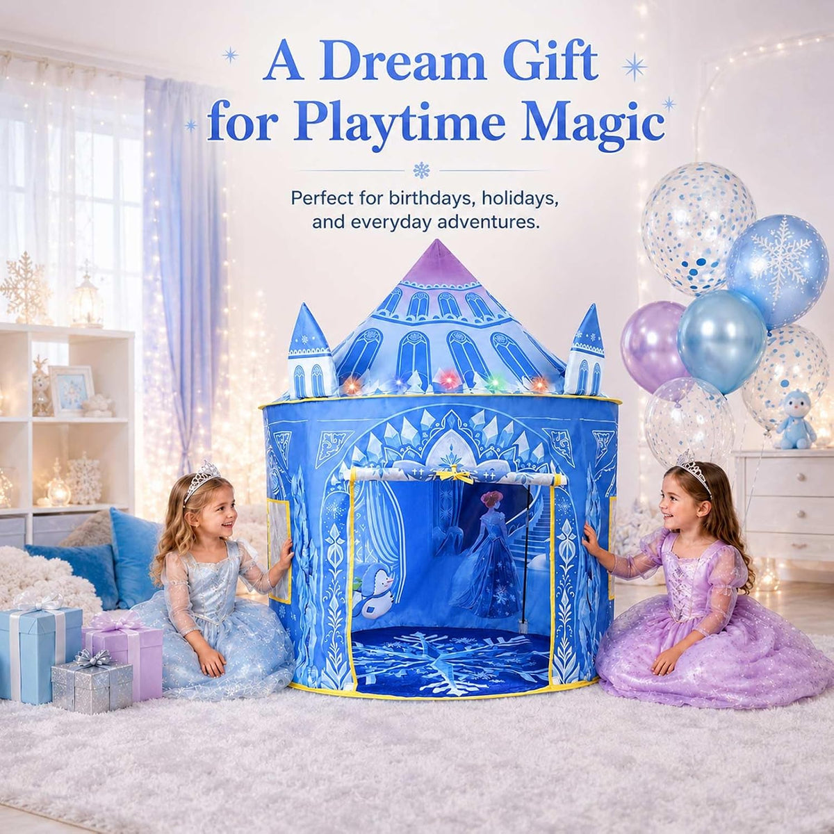 Tienda de campaña desplegable de princesa, juguetes congelados para niñas, grande de 53 x 41 pulgadas, castillo de hielo para interiores y exteriores, con luces LED y bolsa de transporte, regalo ideal para edades de 3 a 6 años
