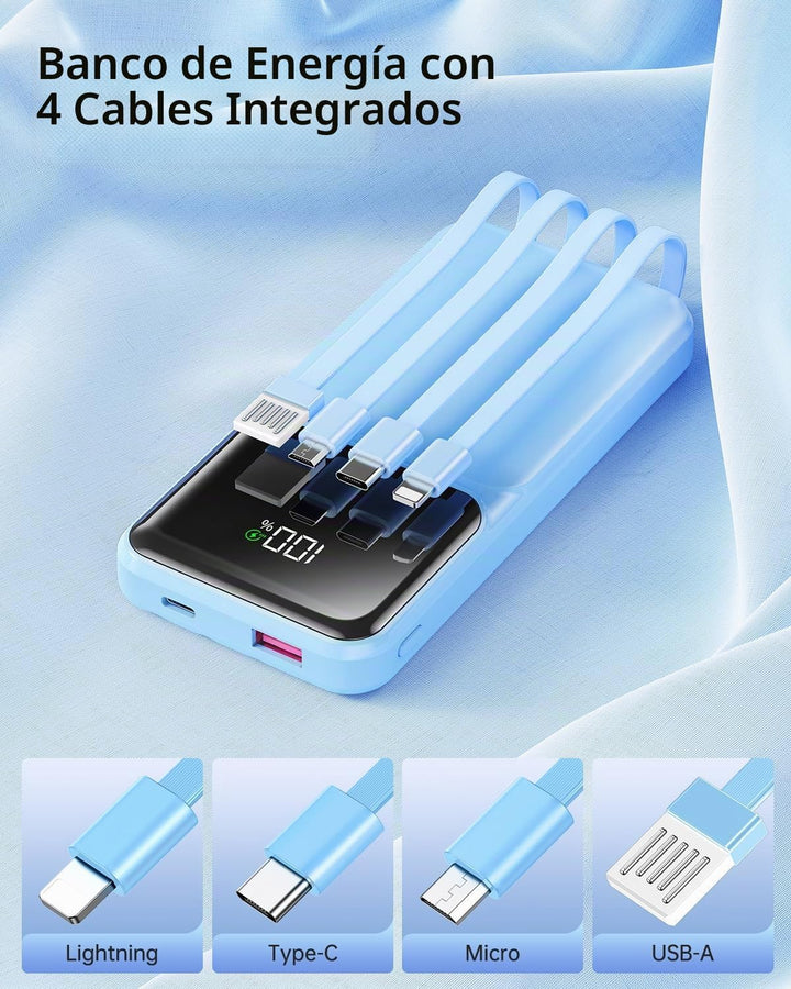 Cargador Portátil con Cable Integrado - Banco de Energía de 20000mA...
