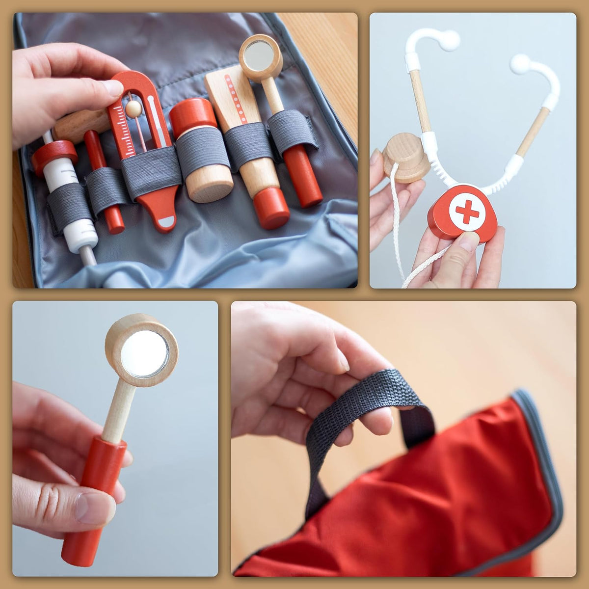 UMU® Mini kit médico de madera para niños – 14 piezas de juego médico para niños pequeños con estetoscopio, jeringa, bolsa de médico, manguito de presión arterial y más – juego de simulación para niños y niñas de 3, 4, 5, 6 años