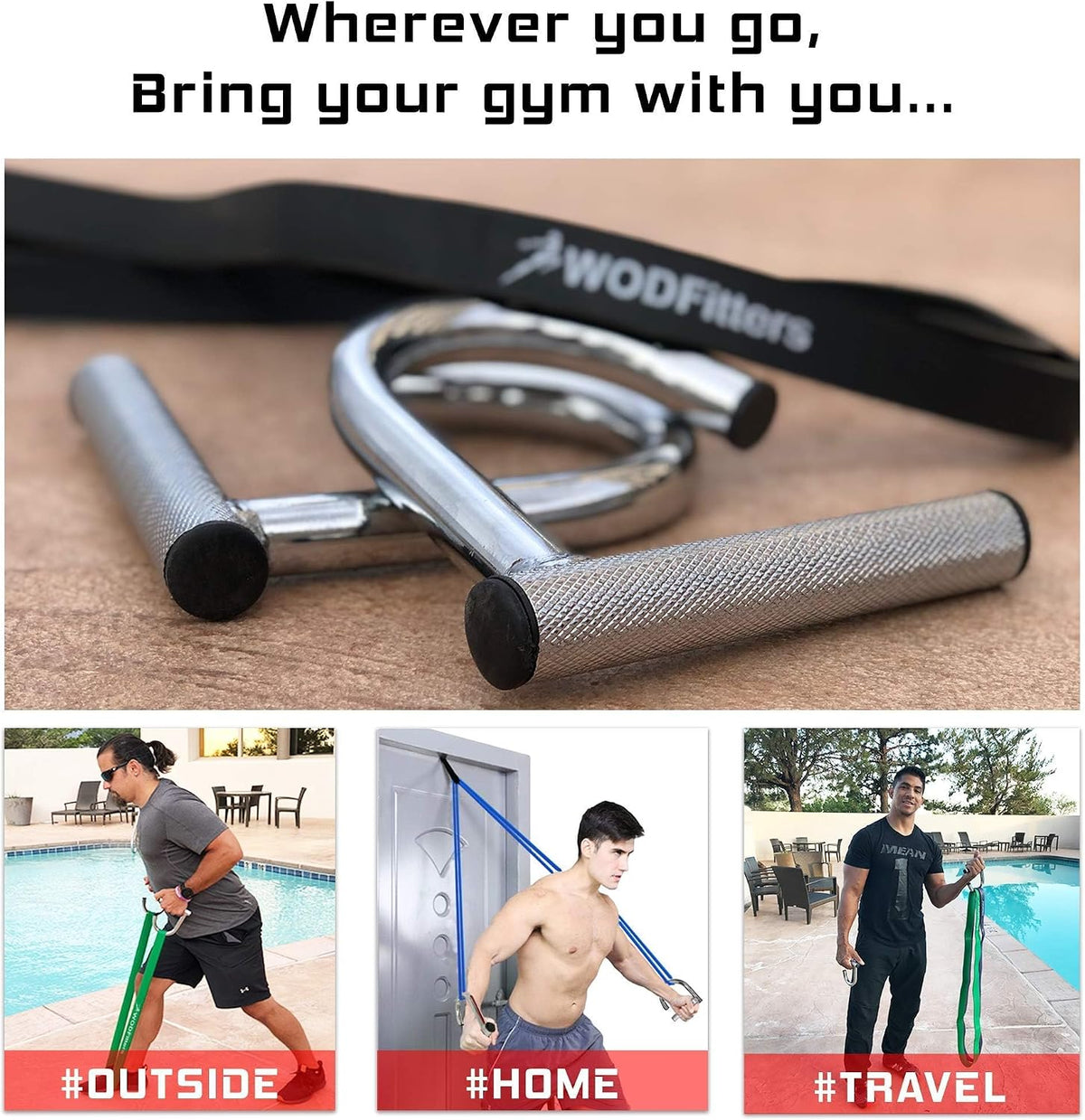 WODFitters Juego de 4 bandas de resistencia con asas y anclaje de puerta, entrenamiento de cuerpo completo, gimnasio en casa y estiramiento, bandas de levantamiento de pesas duraderas para hombres y