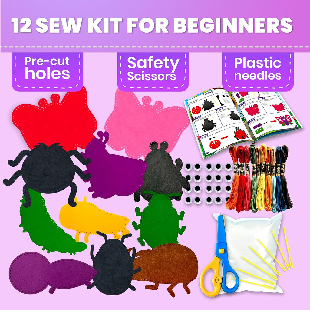QUOKKA Manualidades para Niños de 4 a 8 años, Kit de Principiante de Costura DIY con Aguja e Hilo - Kit de Costura de 12 Insectos y Bichos Básico - Manualidades Artísticas Divertidas para Niños de 6 a