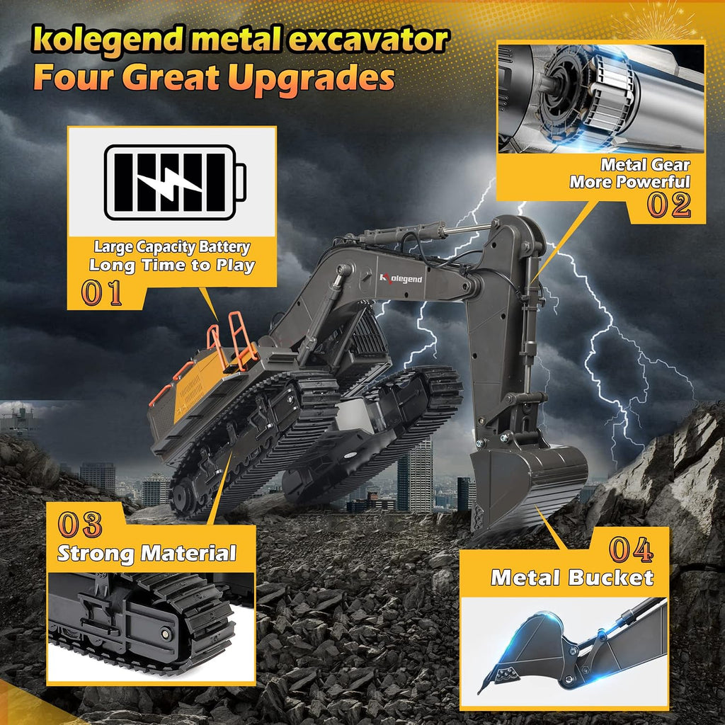 Excavadora de control remoto juguete escala 1/14 excavadora RC, actualización de 22 canales completa funcional construcción vehículos recargable RC camión con pala de metal y luces sonidos