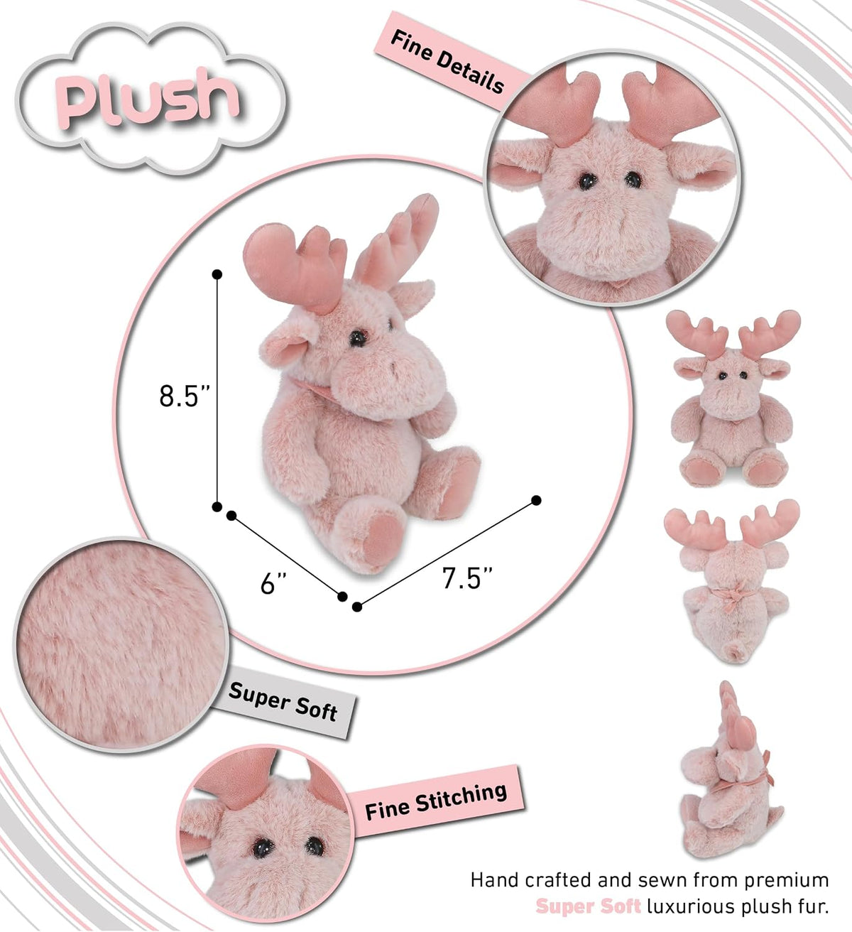 DolliBu Peluche de alce rosa bebé, juguete de peluche de animales salvajes