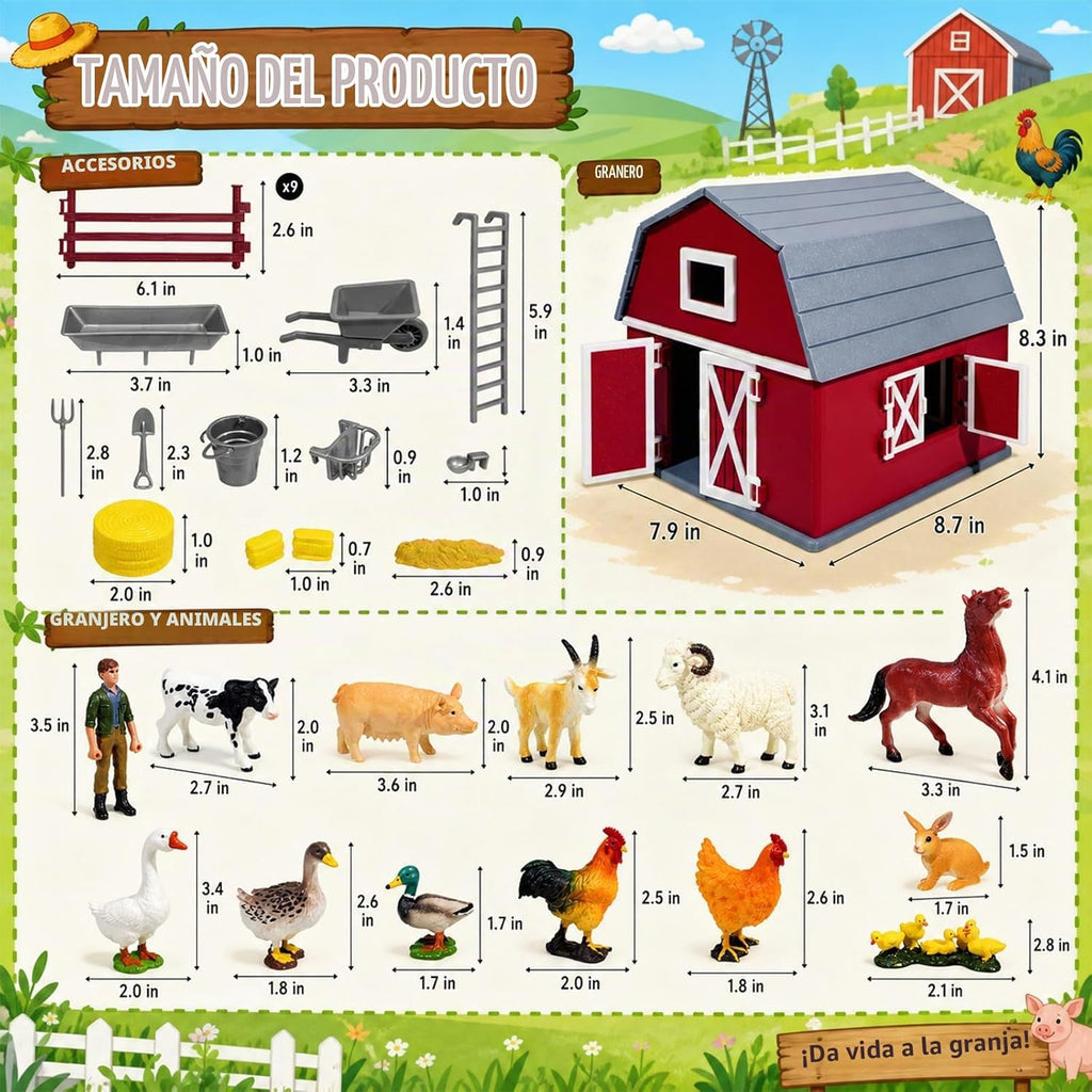 Hiawbon 33 piezas de animales de granja juguetes animales granero conjunto