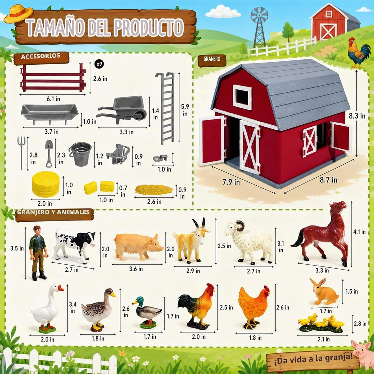 Hiawbon 33 piezas de animales de granja juguetes animales granero conjunto