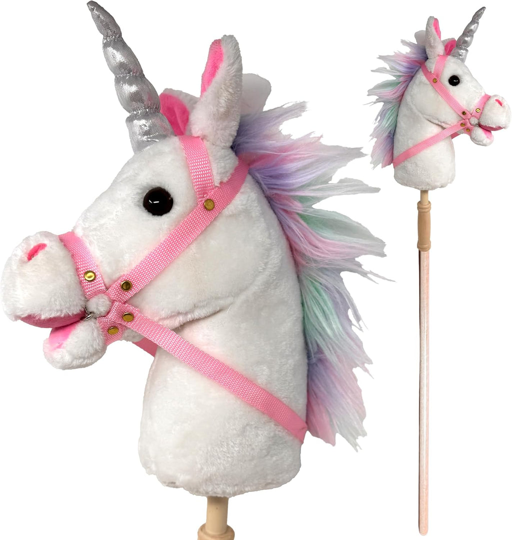 Stick Horse Unicorn | Palo de caballo de peluche hecho a mano, rosa/blanco