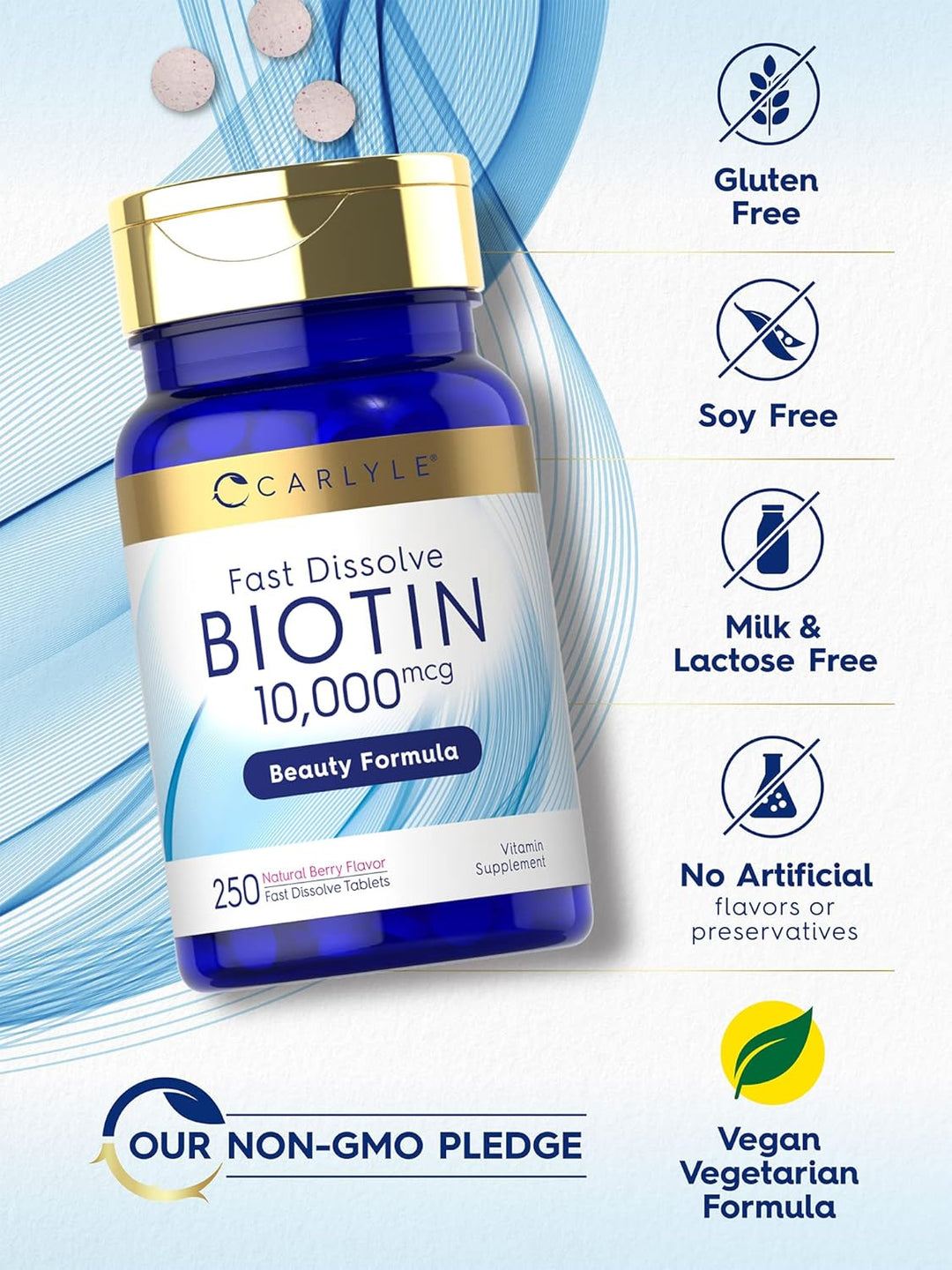 Carlyle Biotin 10000 mcg | 250 tabletas de rápida disolución | Fuer...