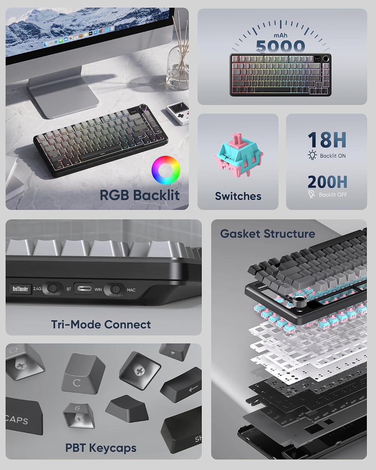 RedThunder Teclado mecánico inalámbrico K75 Pro para juegos, pantal...