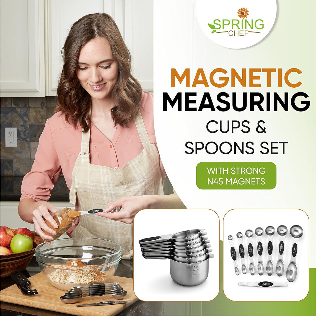 Spring Chef Juego de 15 tazas y cucharas medidoras magnéticas con niveladores, negro