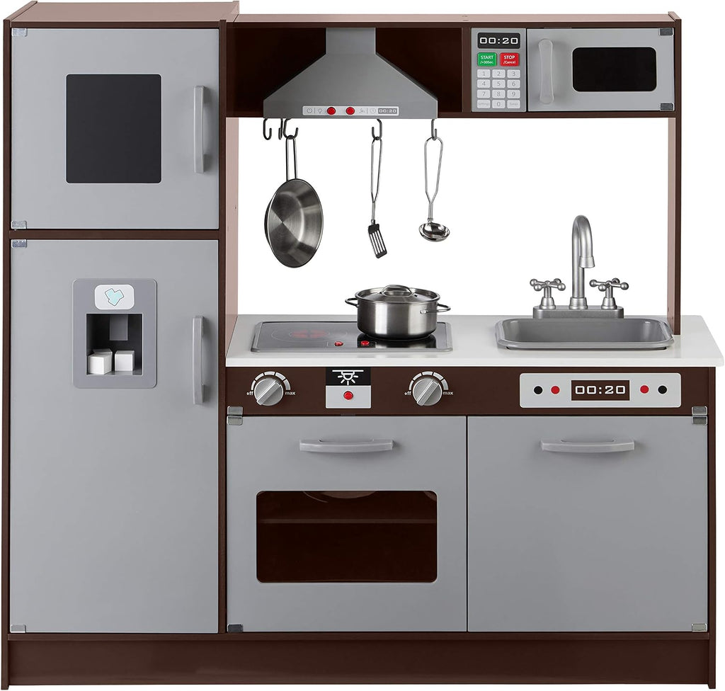 Amazon Basics - Juego de cocina vertical de madera para niños con estufa, horno, fregadero, refrigerador y accesorios, para niños pequeños, preescolares, niños de 3+ años, color espresso/gris
