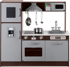 Amazon Basics - Juego de cocina vertical de madera para niños con estufa, horno, fregadero, refrigerador y accesorios, para niños pequeños, preescolares, niños de 3+ años, color espresso/gris