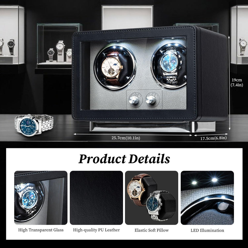 Mcbazel Enrollador de reloj para relojes automáticos, caja de bobinadora de reloj doble con luz LED, motor silencioso fabricado en Japón, regalo para hombre y mujer, negro