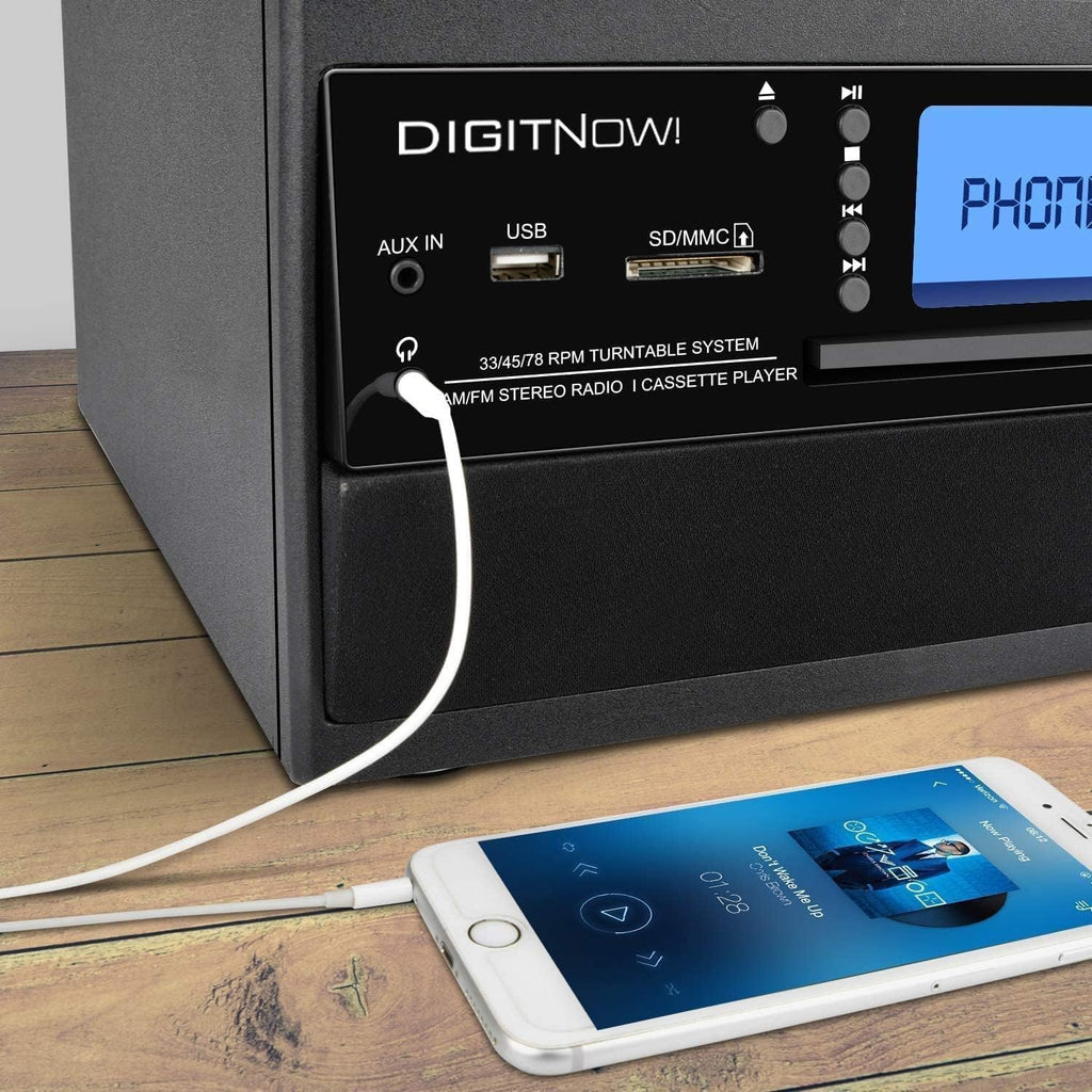 Tocadiscos Bluetooth 10 en 1 con altavoz incorporado, reproductor de discos de vinilo, casete de CD y radio FM, AUX en USB grabación MP3 conector de auriculares, sistema estéreo compacto para