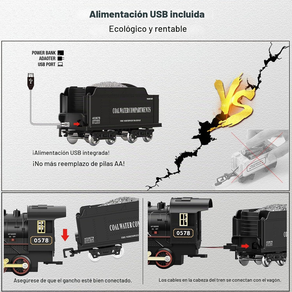 Juegos de tren eléctrico con control remoto para niños, juguetes de tren de Navidad, locomotora de vapor con 3 humos, vagones de pasajeros brillantes, pistas de lujo, luz y sonidos, regalos de cumpleaños para niños y niñas