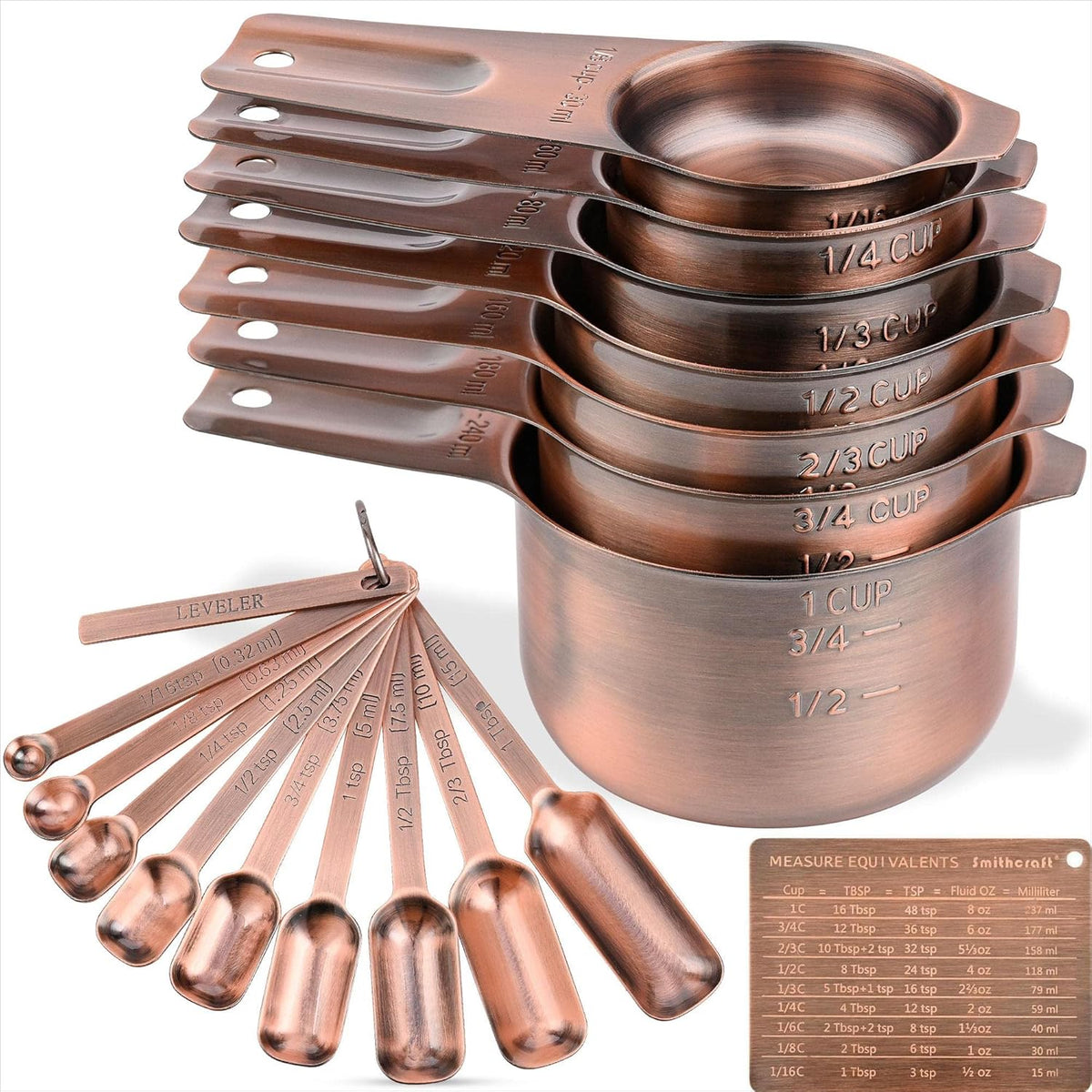 Juego de tazas y cucharas medidoras, juego de tazas y cucharas medidoras de cobre para seco y líquido, taza métrica y de acero inoxidable 7 de EE. UU., nivelador de 9 cucharas y accesorios