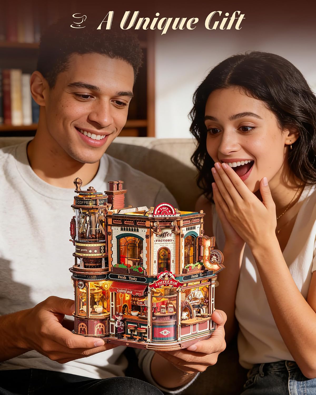 ROKR Dream Coffee Factory, modelo de caja de música de madera, rompecabezas mecánicos 3D de madera para adultos, kit de construcción con luces LED móviles, kit de casa en miniatura, regalo de