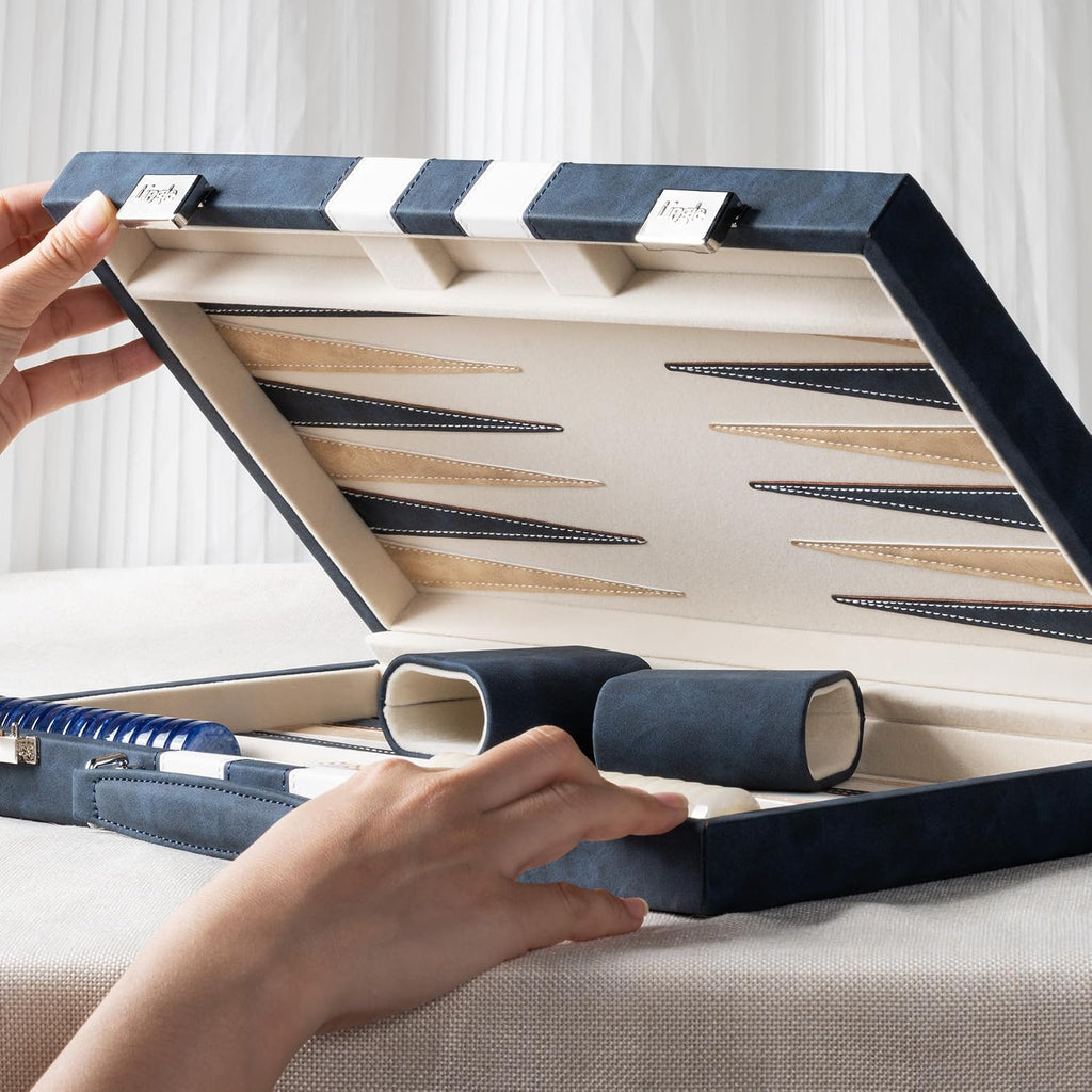 Juegos de backgammon de 15 pulgadas para adultos, tablero clásico de backgammon con dados de damas únicos, exterior de piel sintética e interior de terciopelo, juego de viaje de backgammon portátil (azul)