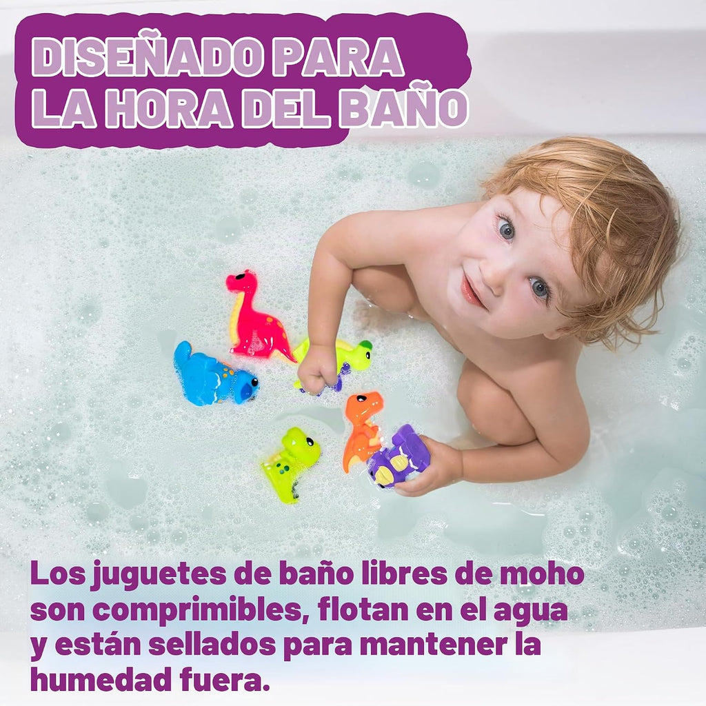 Tub Works® Juguetes de baño de dinosaurio sin moho, paquete de 12 | Diseño de juguetes de baño sellados sin agujeros que mantiene la humedad fuera | Suave, exprimible y flota en el agua | Juego de juguetes de baño para bebés y niños pequeños de fácil agar