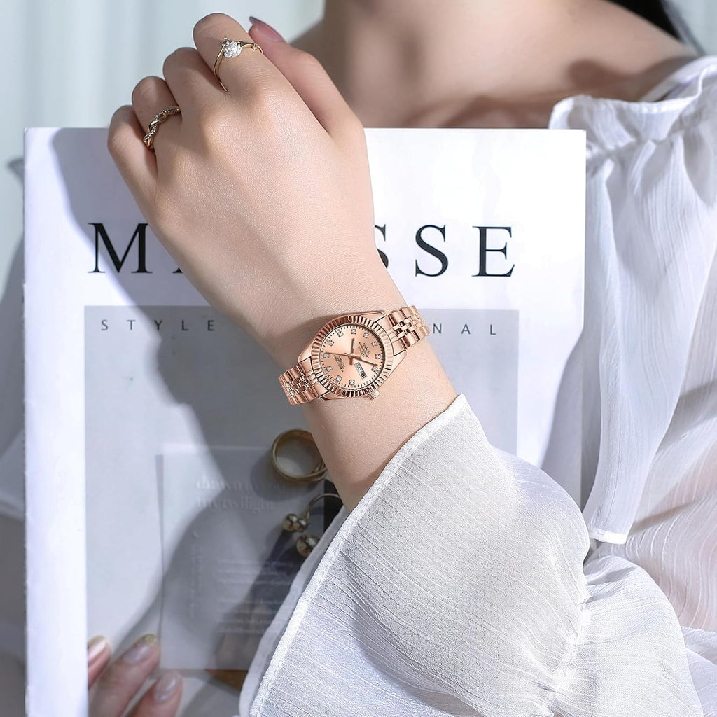 NIBOSI Relojes para mujeres, reloj analógico de cuarzo, esfera de acero inoxidable con día y fecha, luminoso, impermeable, elegante, clásico, de diamante, lujoso, para muñecas pequeñas