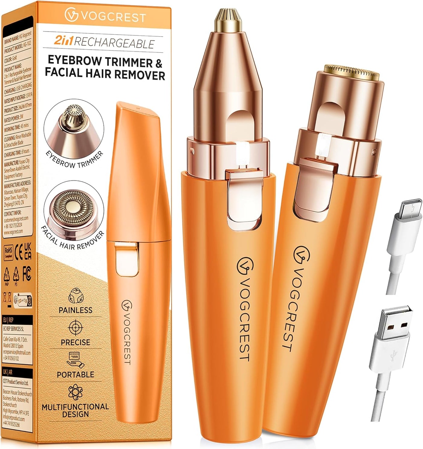 VG VOGCREST Recortadora Facial de Cejas: Depilación Facial Recargab...