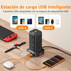 SMALLRT - Cable de extensión con múltiples tomas, torre de regleta de alimentación con protector de sobretensiones, extensor de salida con 12 salidas de CA, 4 USB, cable de extensión de 6.5 pies para