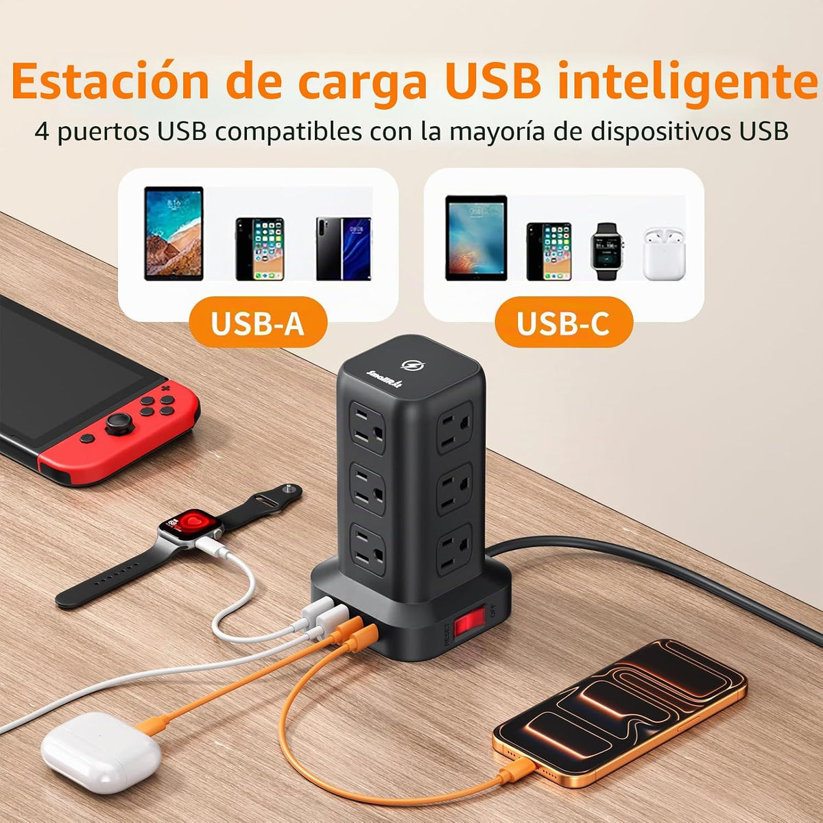 SMALLRT - Cable de extensión con múltiples tomas, torre de regleta de alimentación con protector de sobretensiones, extensor de salida con 12 salidas de CA, 4 USB, cable de extensión de 6.5 pies para