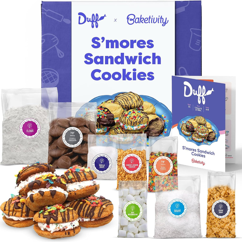 Duff Goldman - Juego de hornear de bricolaje para niños por Baketivity - Hornea deliciosas galletas sándwich de S'mores con ingredientes previamente medidos, la mejor actividad divertida familiar, gran regalo para niñas, niños, adolescentes y adultos