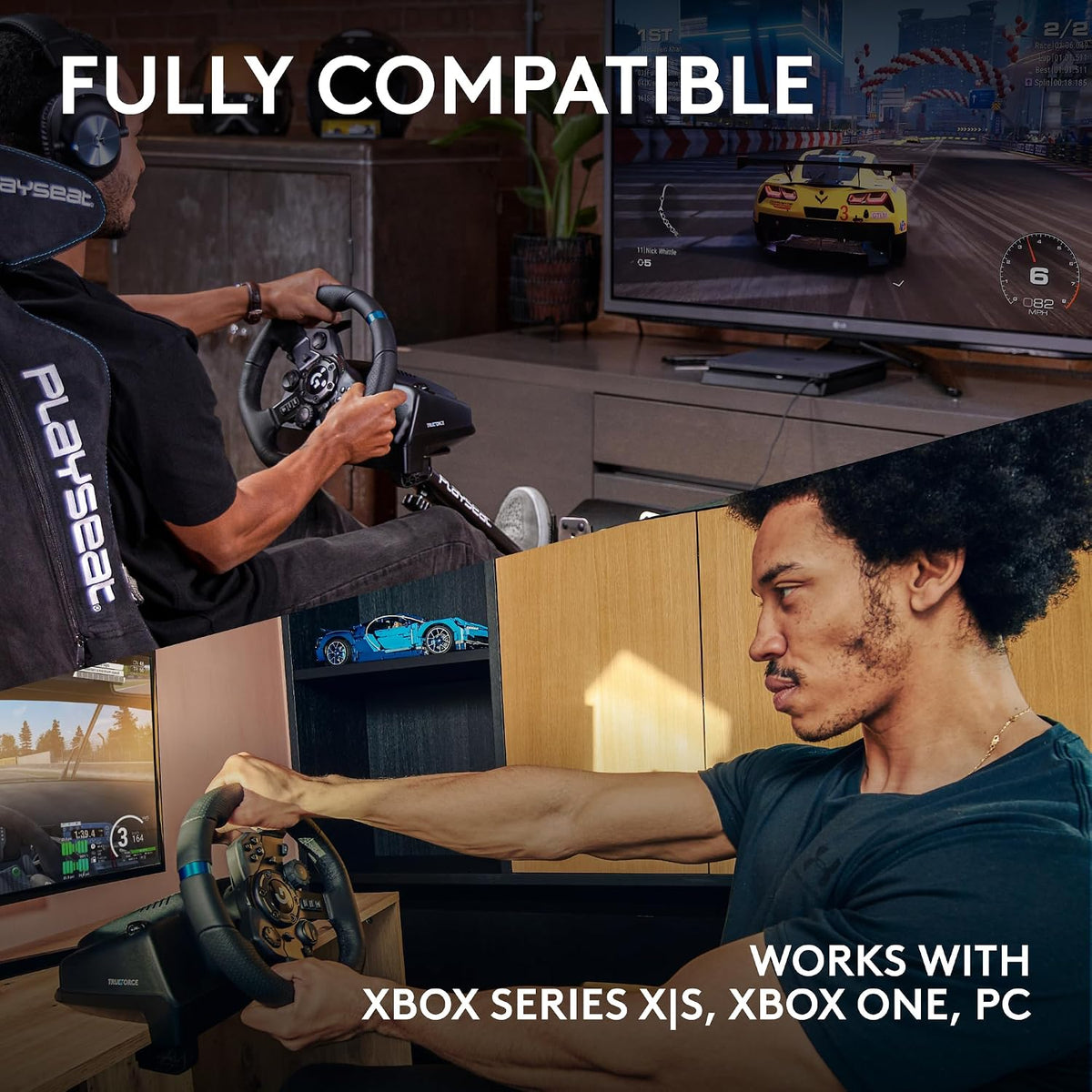 Logitech G923 Steering Wheel y Pedales para Xbox X|S, Xbox One y PC con TRUEFORCE de hasta 1000 Hz, Retroalimentación de Fuerza, Pedal Responsive, Control de Lanzamiento con Doble Cutch, y Cubierta de Cuero Verdadero