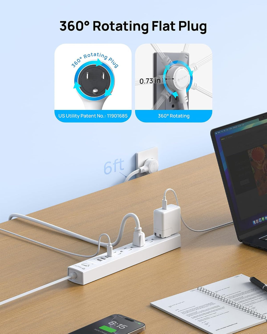 TROND - Tira de alimentación con protector de sobretensiones, enchufe plano giratorio 360°, 5 contactos ampliamente espaciados con 2 USB C y 2 USB A, protector de sobretensiones 1440J, montaje en