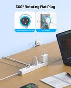 TROND - Tira de alimentación con protector de sobretensiones, enchufe plano giratorio 360°, 5 contactos ampliamente espaciados con 2 USB C y 2 USB A, protector de sobretensiones 1440J, montaje en