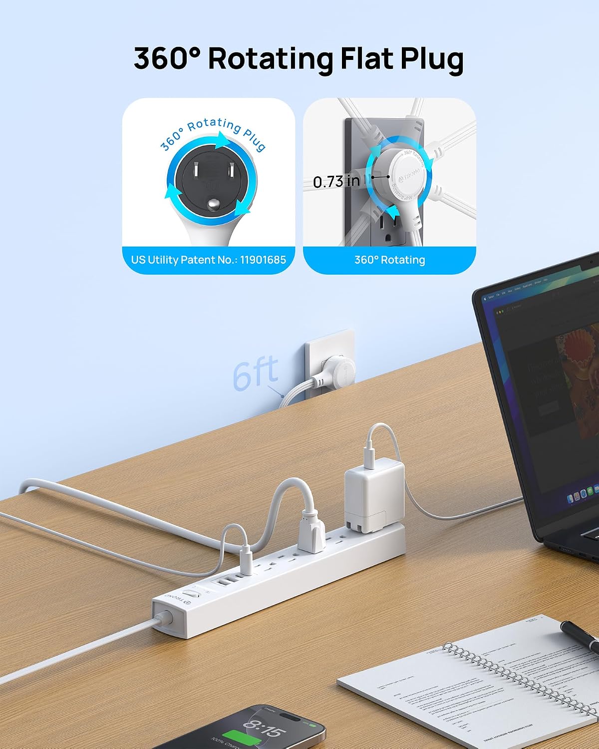 TROND - Tira de alimentación con protector de sobretensiones, enchufe plano giratorio 360°, 5 contactos ampliamente espaciados con 2 USB C y 2 USB A, protector de sobretensiones 1440J, montaje en