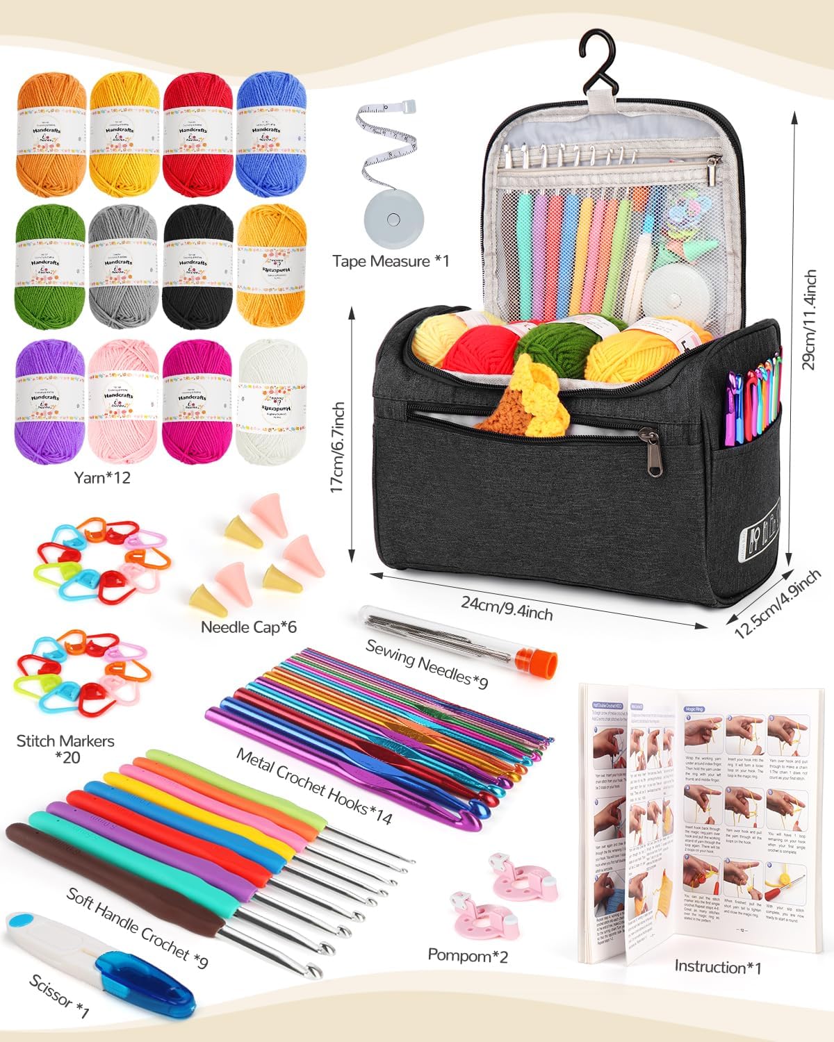 Aeelike Kit de ganchillo para principiantes, jóvenes y mayores, el primer kit de ganchillo para adultos incluye 23 ganchos de ganchillo, juego de hilo de 655 yardas para ganchillo, instrucciones