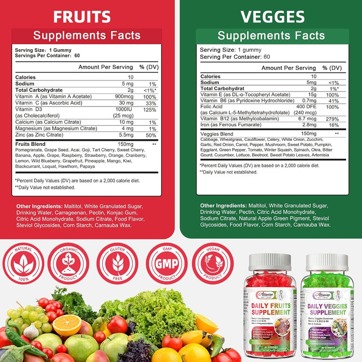 Gomitas de frutas y verduras sin azúcar, súper verduras con 23 frut...