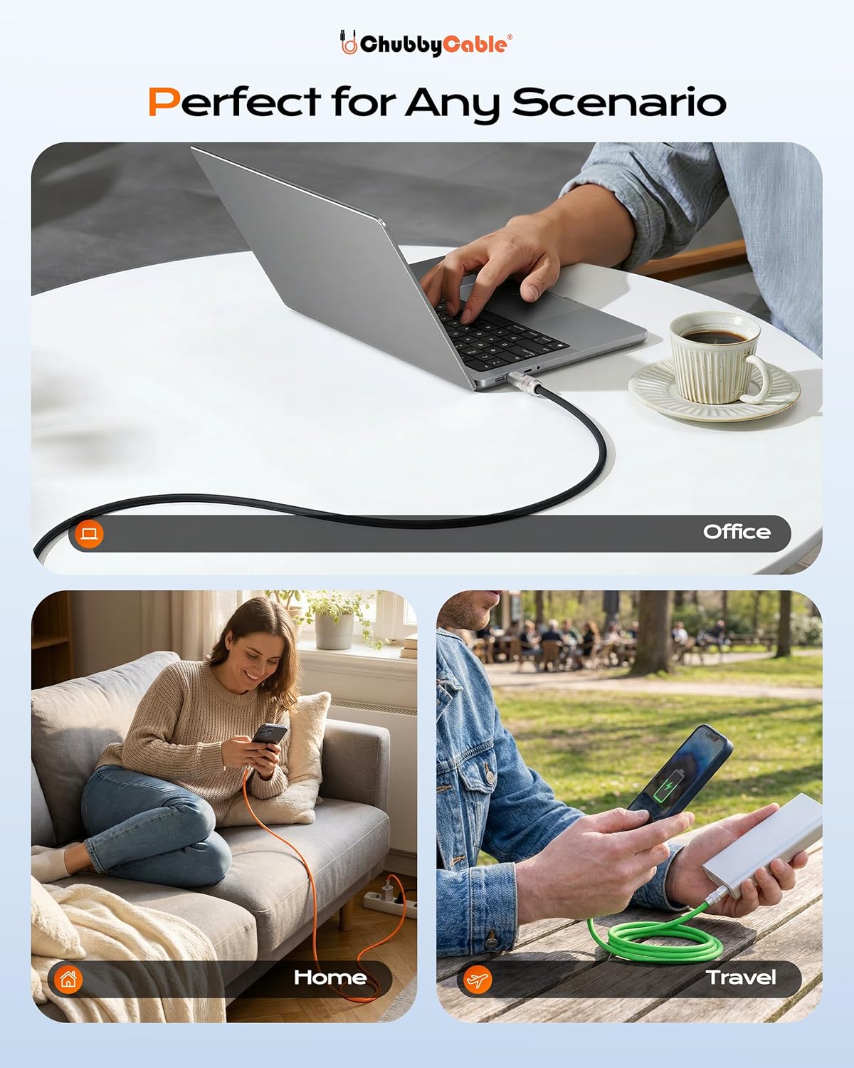 chubbycable USB C a C 240W Cable de Carga Rápida de Silicona, Naranja, 6.6FT
