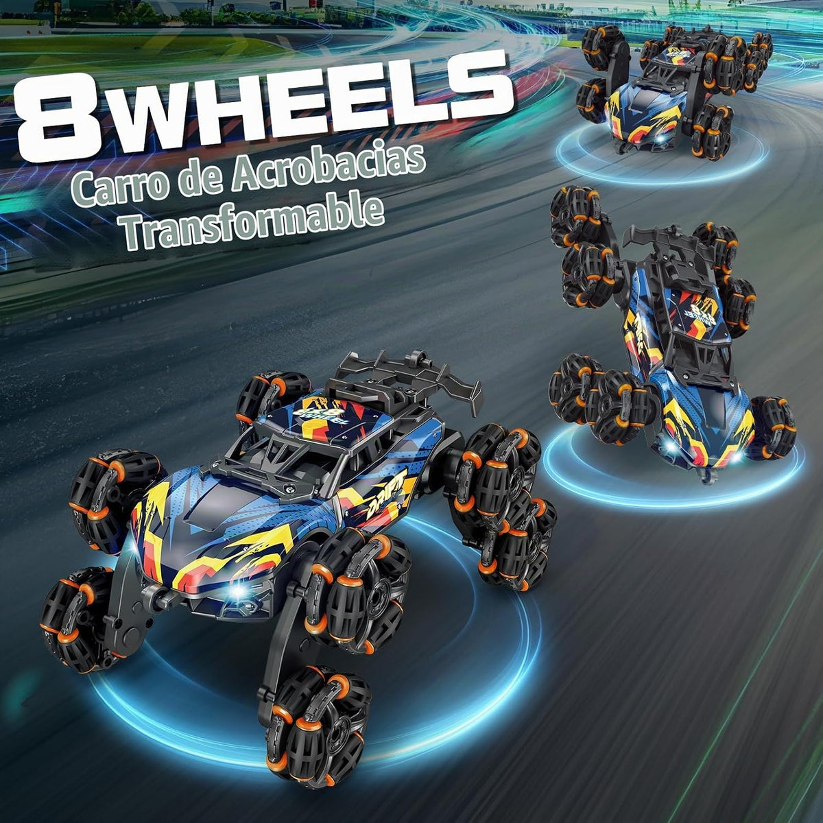 Coches de juguete RC de acrobacias con detección de gestos de 8 ruedas para niños de 8 a 12 años, coche de control remoto controlado a mano de 2.4GHz con luz, música y spray, genial regalo de