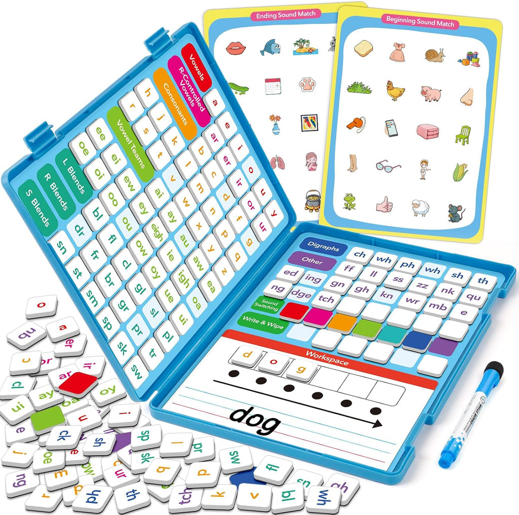 Kit de fonética magnética todo en uno, azulejos de letras magnéticas de fonética, juegos de construcción de palabras, juegos de lectura de ortografía con tablero de construcción de palabras