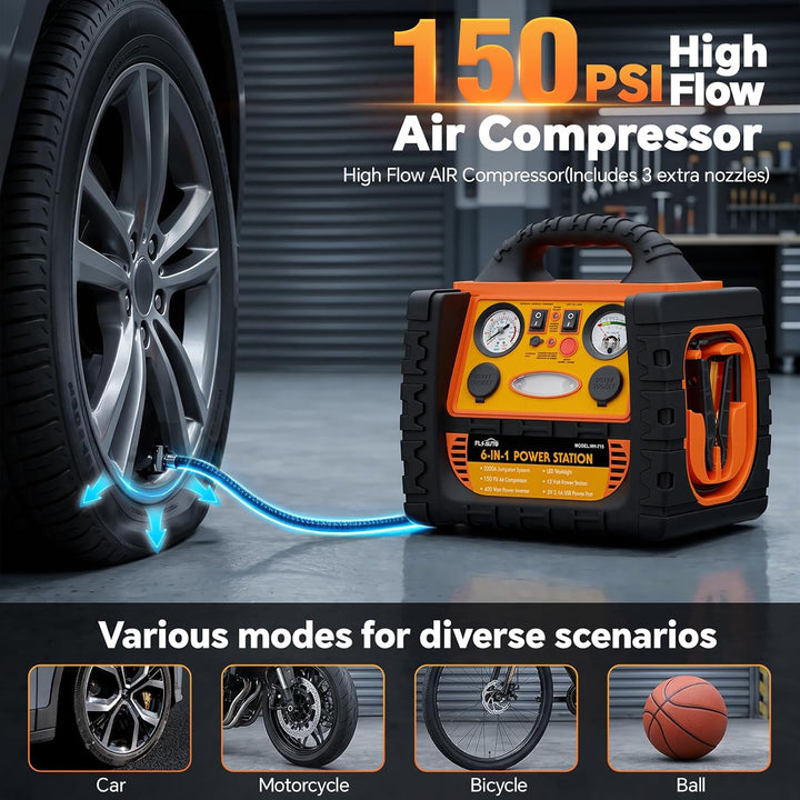 Arrancador portátil con compresor de aire, batería FlyAuto 2200A Bo...