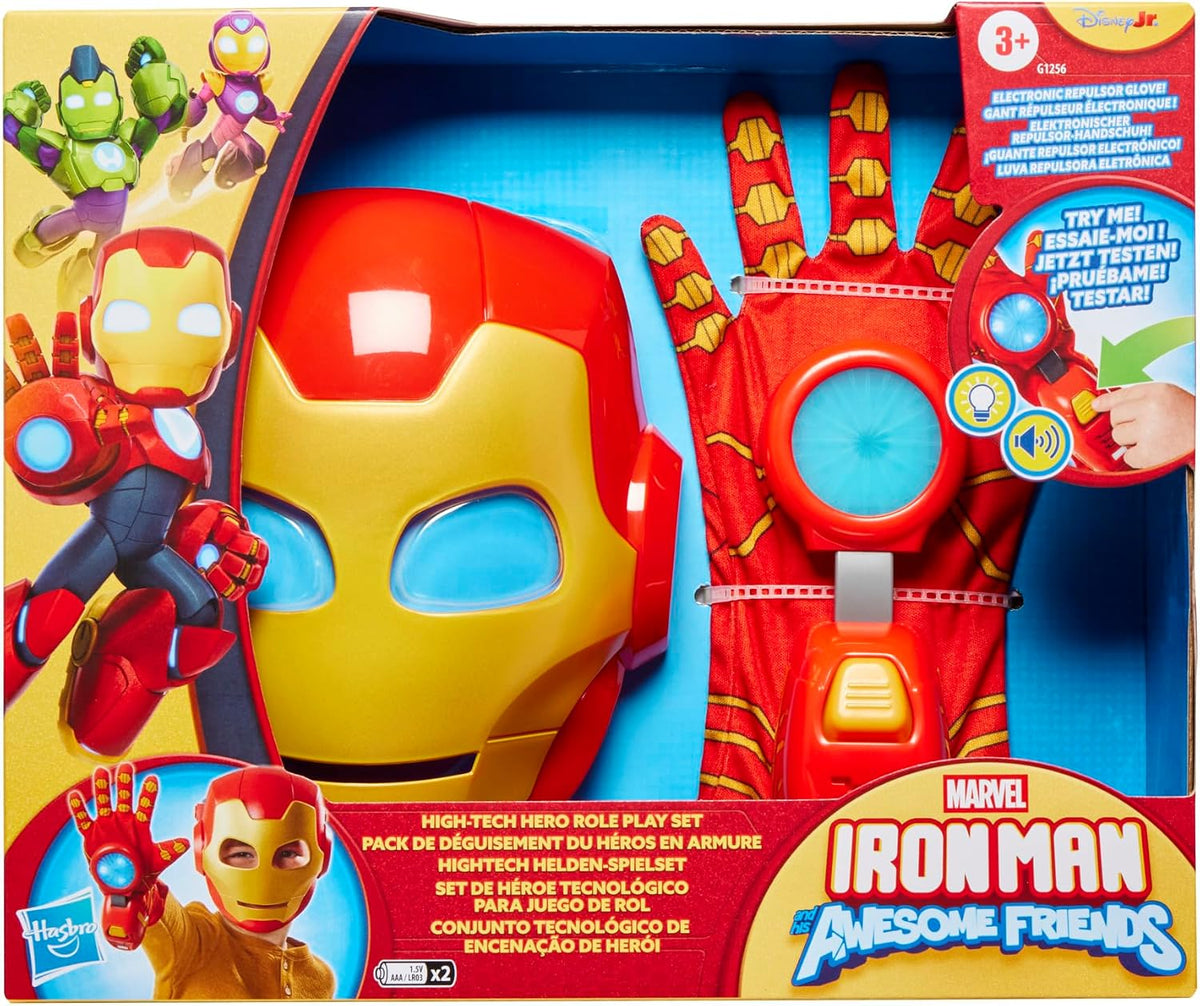 Marvel Iron Man and His Awesome Friends Juego de rol de héroe de alta tecnología, máscara de Iron Man y guante electrónico, juguetes de superhéroes para niños, a partir de 3 años