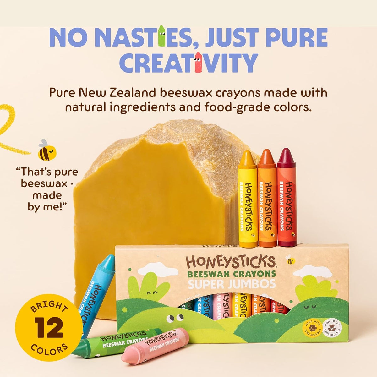 Honeysticks Super Jumbo Crayons (paquete de 12) – 100% cera de abeja pura