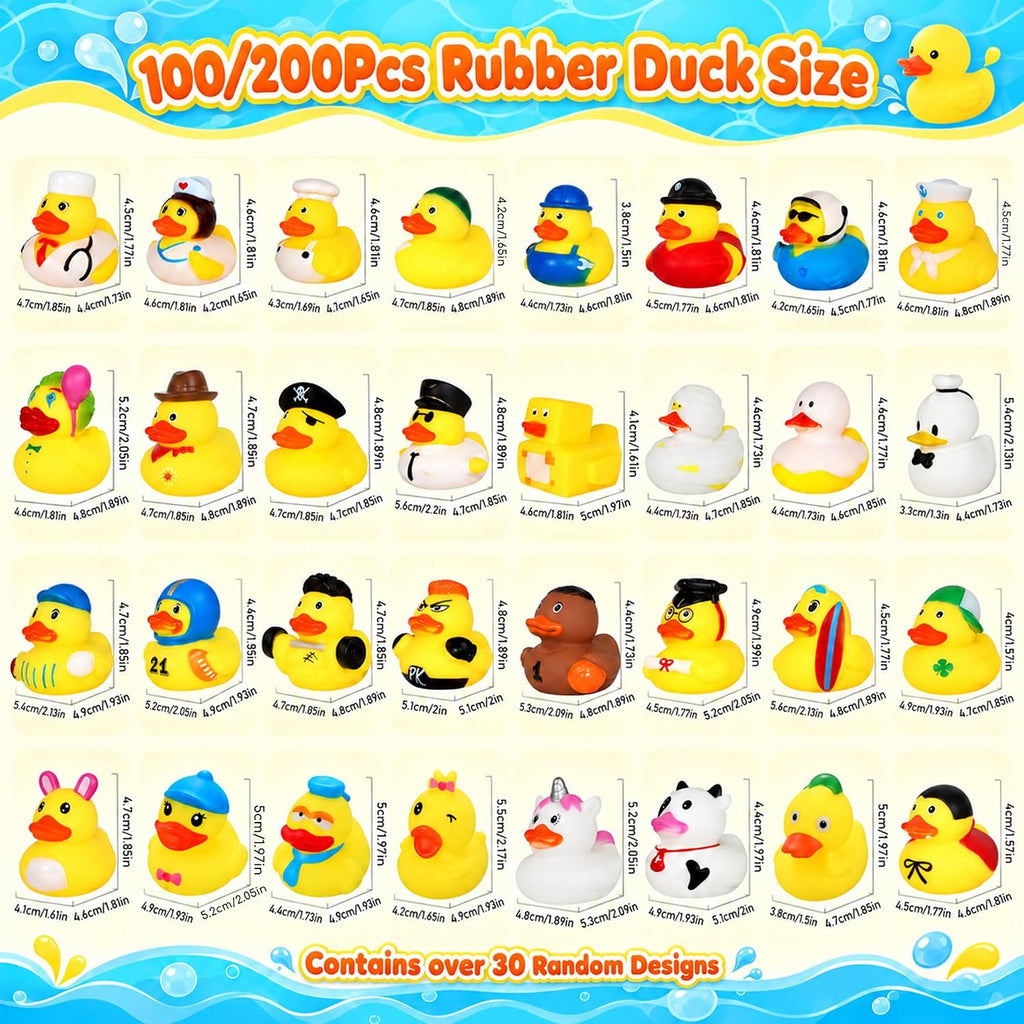 100 patos de goma a granel para Jeeps, juguetes de baño, recuerdos de fiesta, lindos mini patos con más de 30 diseños únicos, juguetes de piscina para niños, piscina, decoración de automóvil