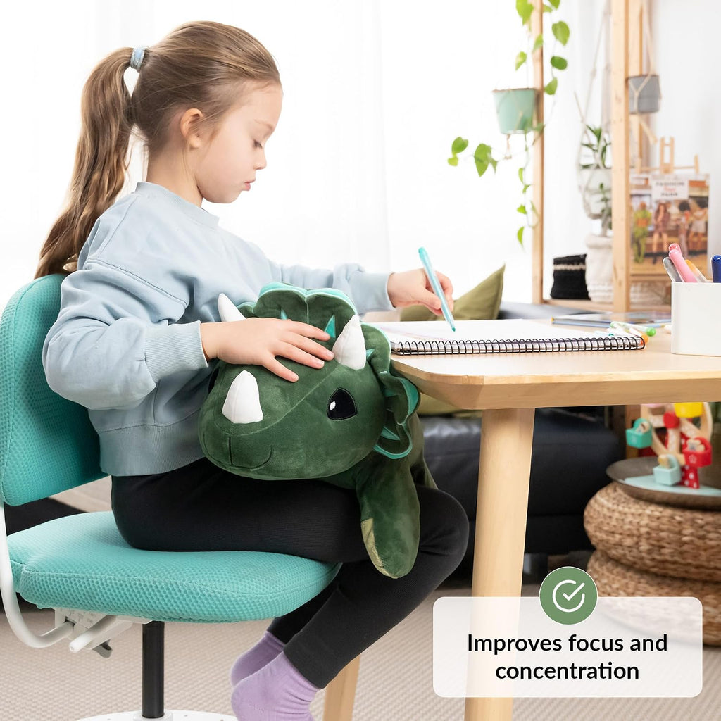 ODOXIA - Animal de peluche con peso para niños, 5.1 lbs, calmante y reconfortante, dinosaurio de felpa con peso, incluye bolsa de transporte, peluche sensorial de animales