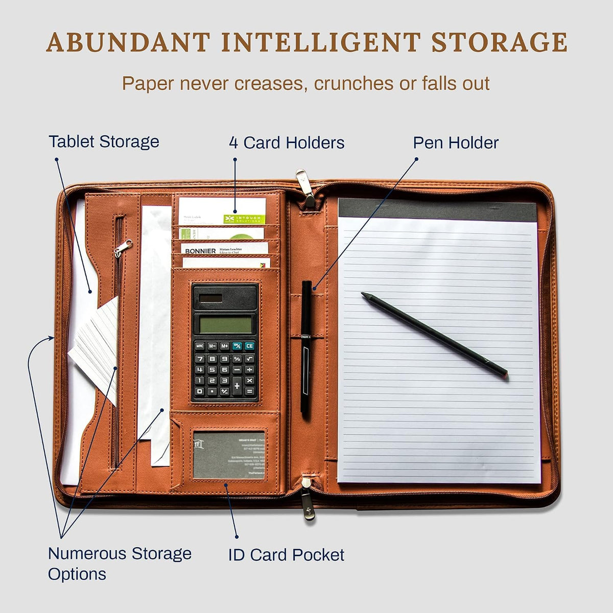 Cossini portafolio comercial / portadocumentos de cuero PU premium con cierre y funda interior para tableta de 10.1 pulgadas (Incluye: pad de escritura, calculadora, lapicera y eBook)
