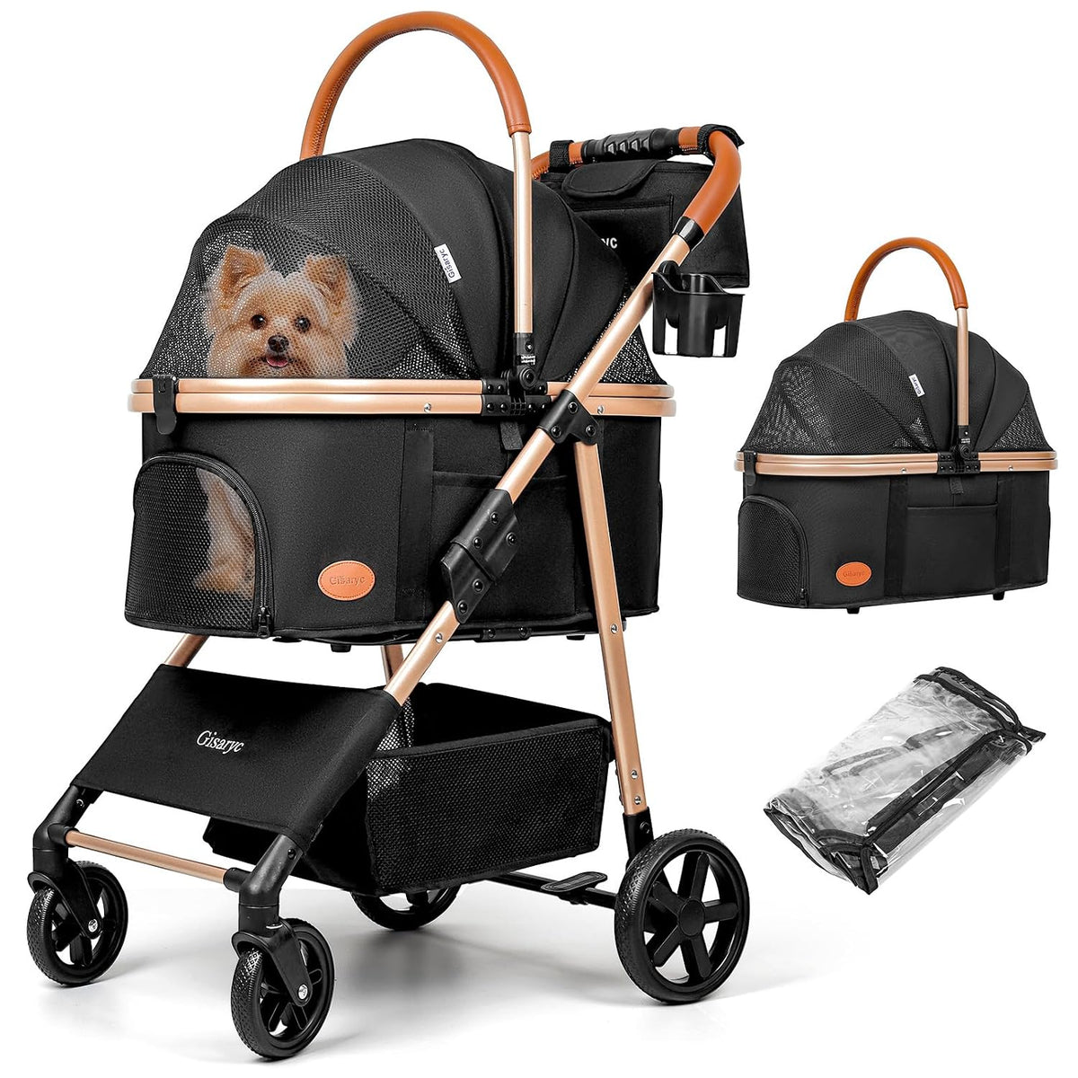 Cochecito para perros y gatos para mascotas pequeñas/medianas de hasta 50 libras, cochecito plegable 3 en 1 para mascotas con transportador desmontable, asiento de automóvil, canasta de almacenamiento