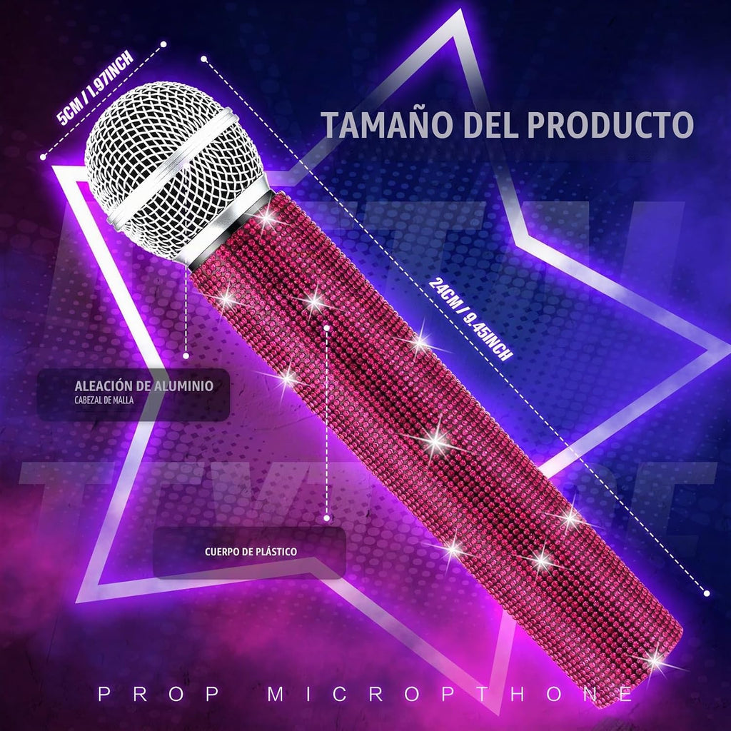 Micrófono falso con diamantes de imitación brillantes, micrófono de juego de plástico con purpurina para disfraz de fiesta de cosplay (rosa oscuro)