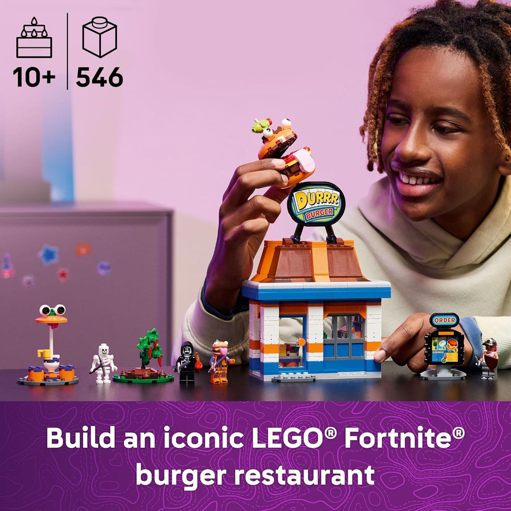 LEGO Fortnite Durrr Burger Restaurant - Juego de construcción de videojuegos para niños y niñas, a partir de 10 años - Fortnite Minifigures Beach Boss, Grimy y más - Idea de regalo para cumpleaños y fanáticos de los juegos - 77076