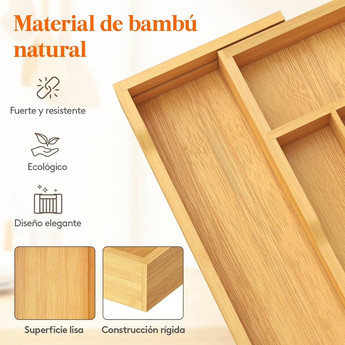 Lifewit - Organizador de cajones de cocina de bambú, bandeja para